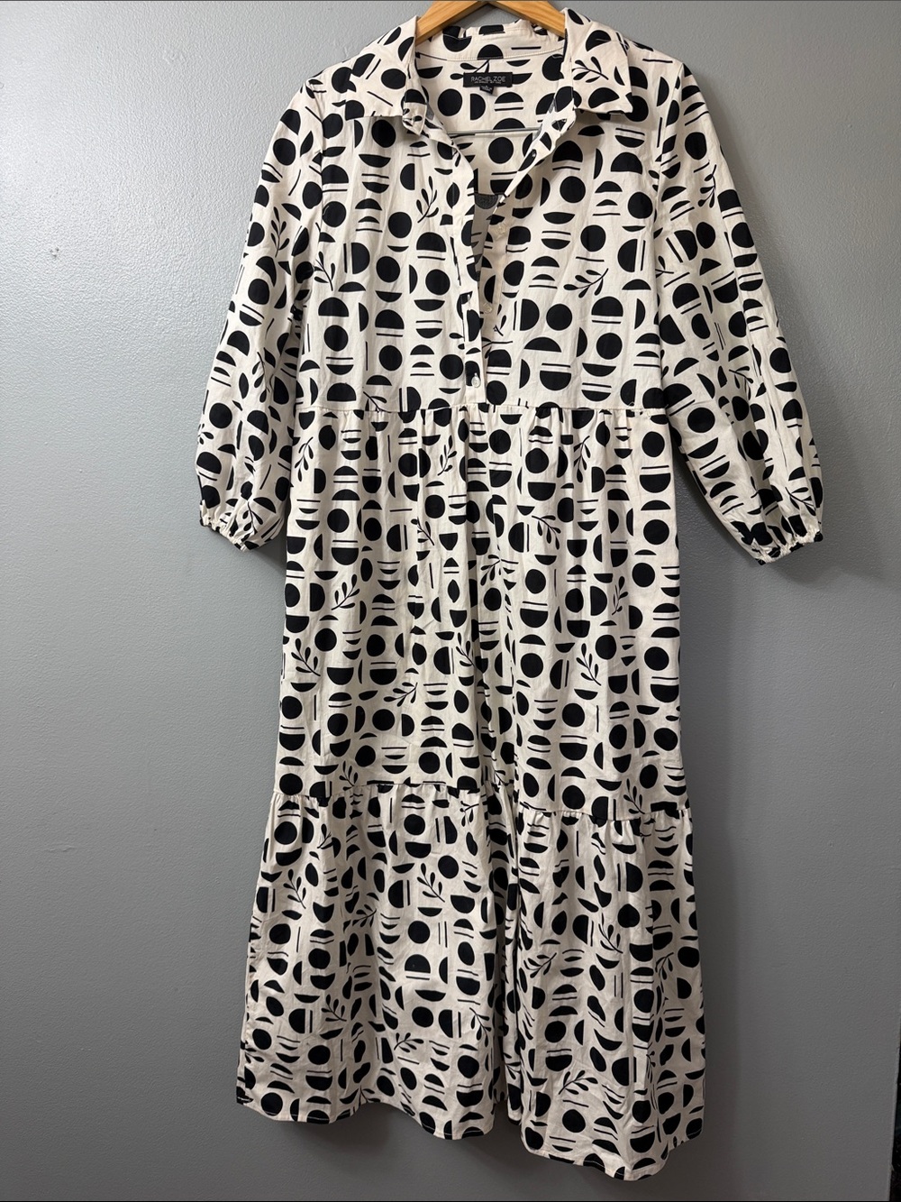 Rachel Zoe black and white geometric print long-sleeve tiered midi dress large